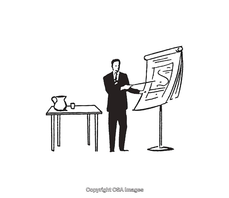 Black and White Illustration of a Business Presentation on Flipchart