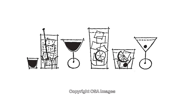 Black and White Line Art Illustrations of Various Drink Glasses