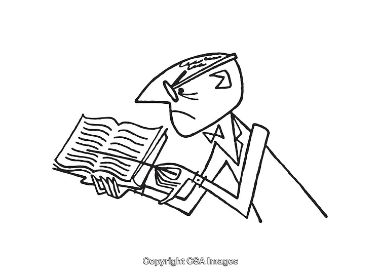 Illustration of a Man Reading a Book with a Frowned Expression