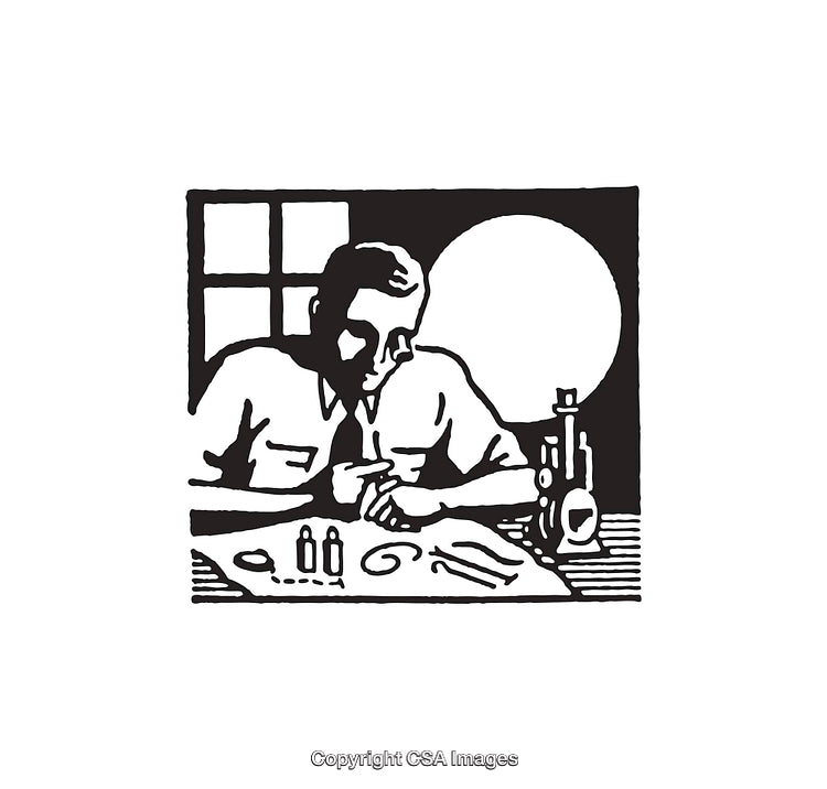 Scientist Observing Through Microscope in Black and White Line Art Illustration