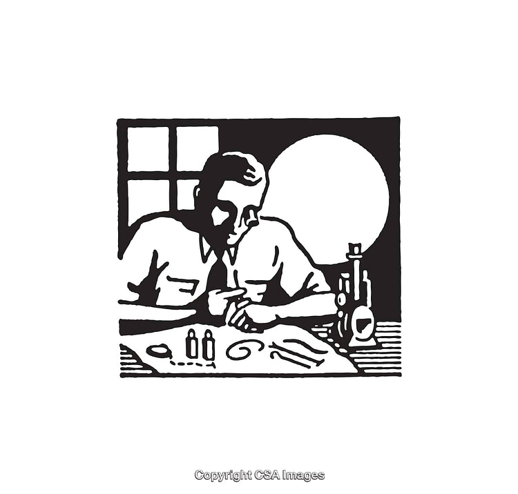 Scientist Observing Through Microscope in Black and White Line Art Illustration
