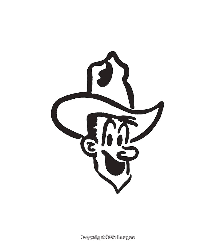 Black and White Line Art of a Cheerful Cowboy Character