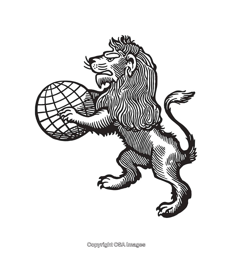 Intricate Black and White Lion Illustration Holding a Globe