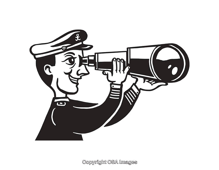 Black And White Line Art Of A Sailor Looking Through A Telescope