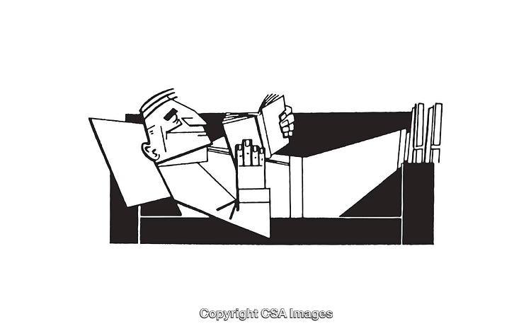 Black and White Drawing of a Man Relaxing and Reading