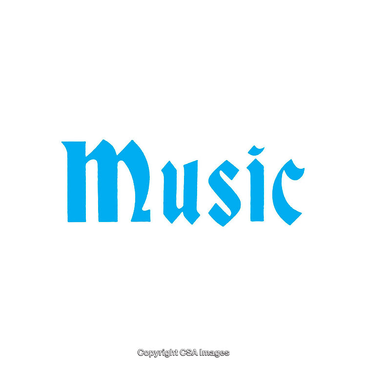 Blue Word 'Music' in Gothic Font on White Background
