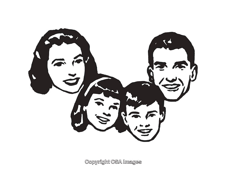 Vintage Black and White Illustration of a Happy Family Portrait
