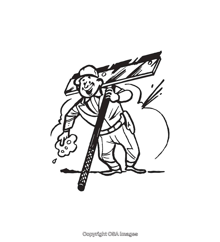 Black and White Illustration of a Worker Carrying a Large Tool