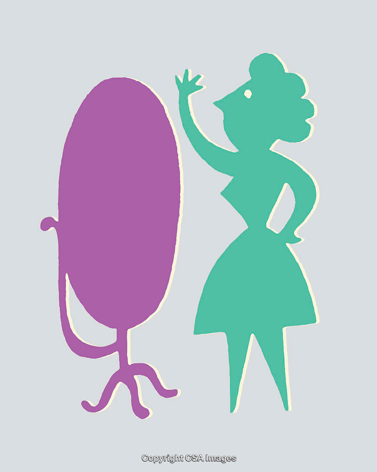 Colorful Retro Illustration of a Woman Facing a Standing Oval Mirror