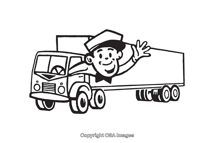 Friendly Retro Line Art Illustration of a Truck and Happy Driver