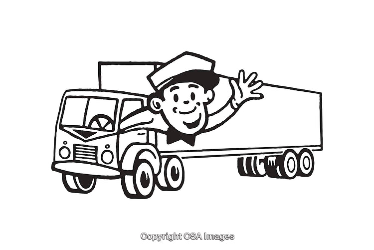 Friendly Retro Line Art Illustration of a Truck and Happy Driver