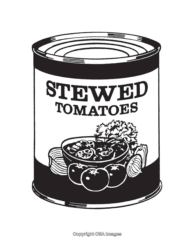 Detailed Black and White Line Art of a Canned Stewed Tomatoes Label