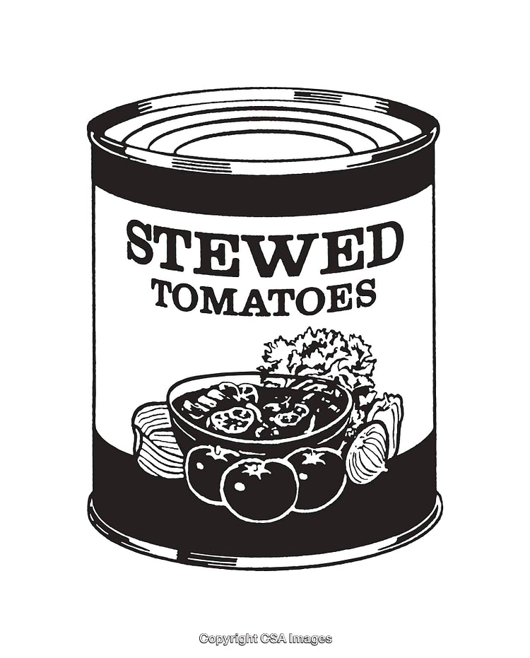 Detailed Black and White Line Art of a Canned Stewed Tomatoes Label