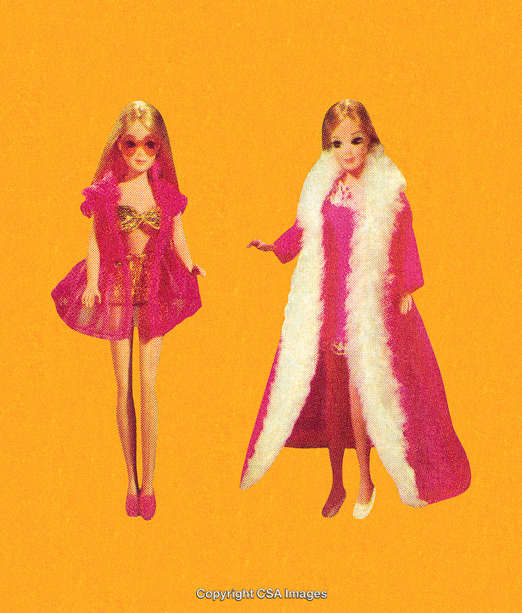 Stylized Composition Featuring Two Fashion Dolls on a Bright Yellow Background