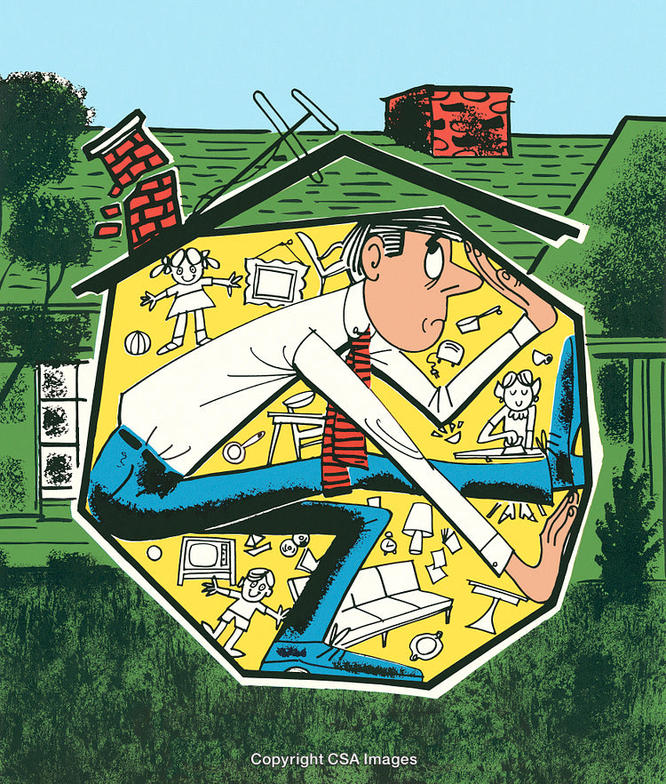 Frustrated Man in Overcrowded Living Space Expressing Tension and Overload