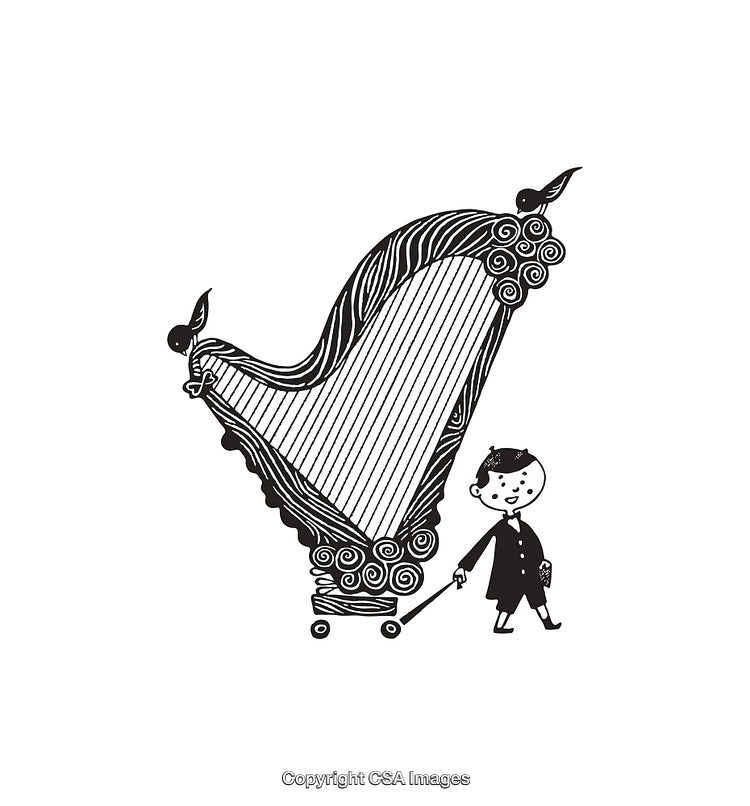 Black and White Illustration of Boy Pulling Decorative Harp