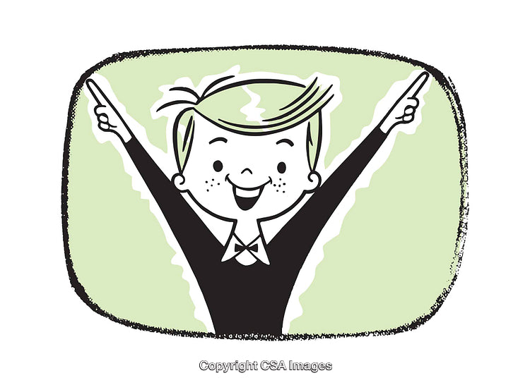 Cheerful Retro Boy Illustration with Upraised Arms and Smile