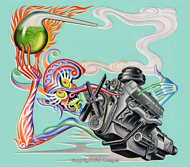 Surrealist Illustration with Mechanical and Organic Elements in Abstract Style
