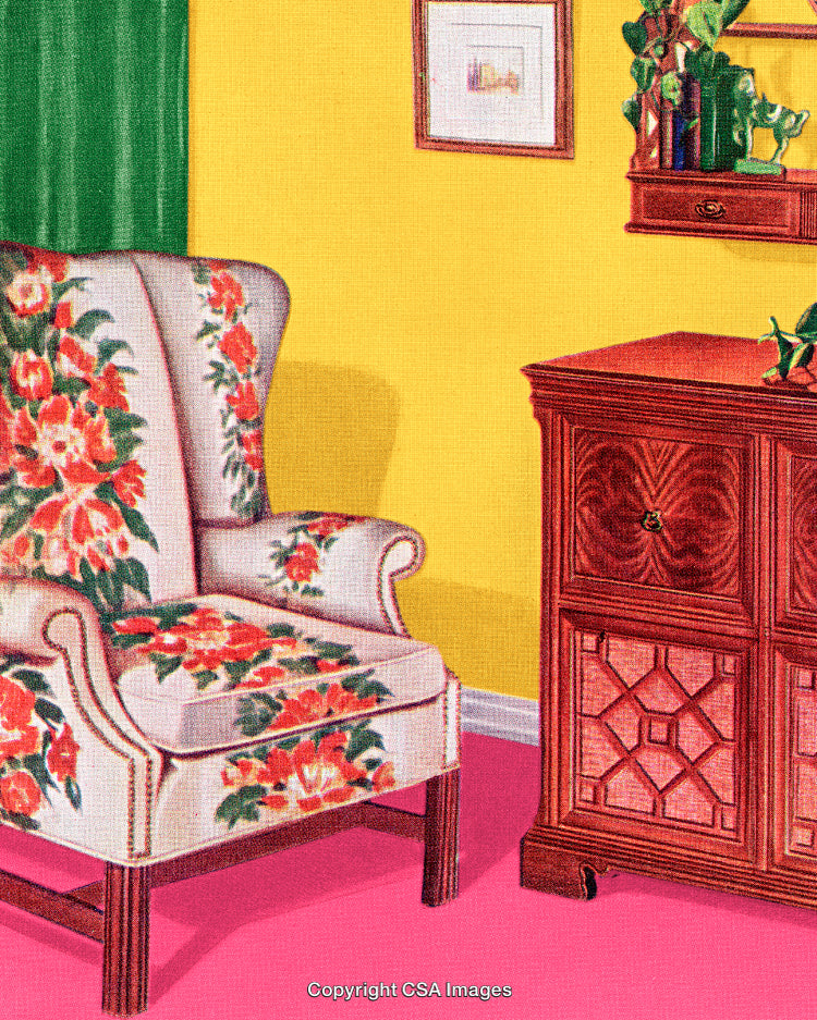 Vintage Living Room Corner With Floral Armchair and Wooden Cabinet