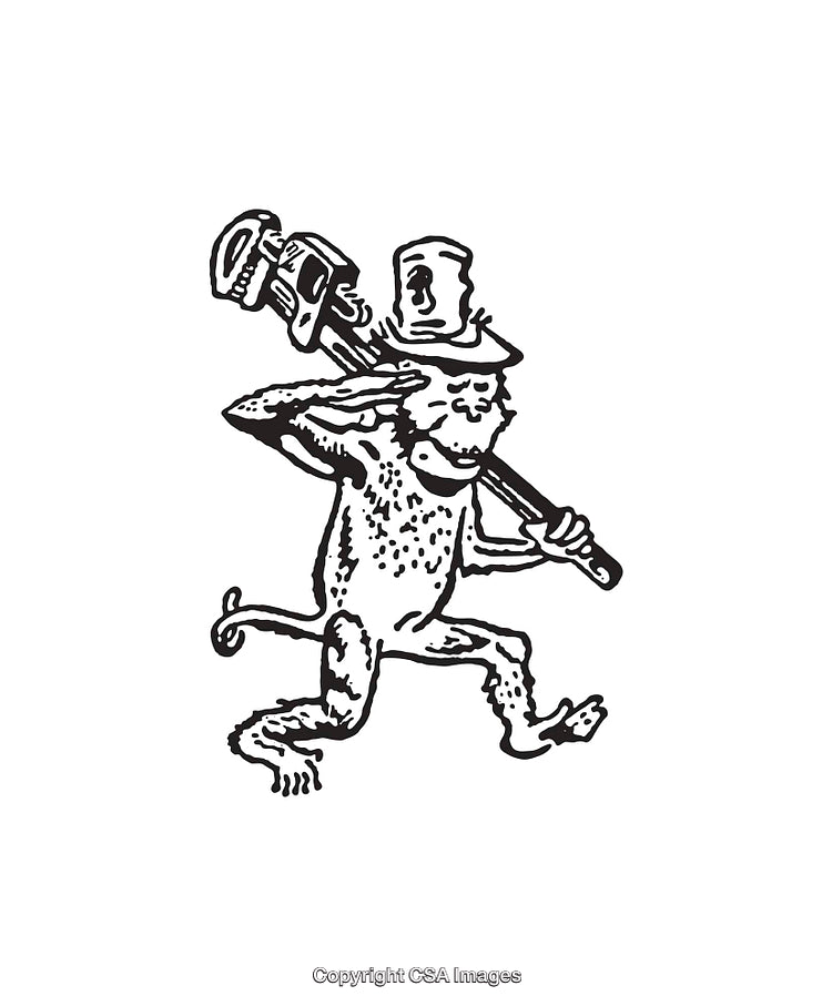 Playful Monkey Illustration with Hat and Wrench in Line Art Design