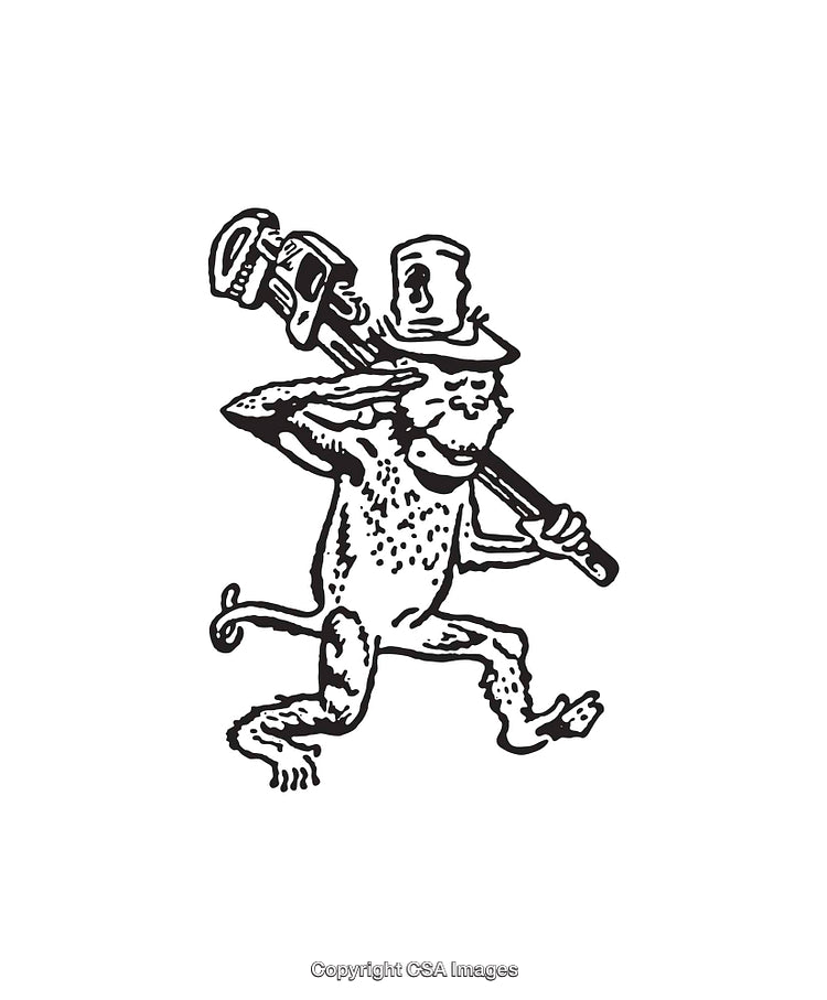 Playful Monkey Illustration with Hat and Wrench in Line Art Design
