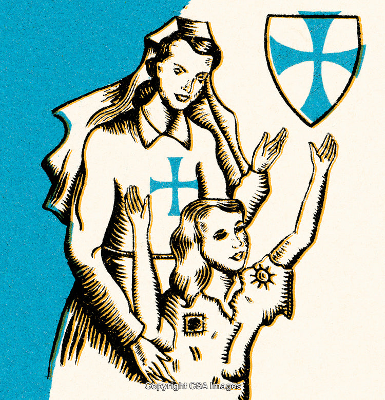 Illustration of Religious Figures with Symbols in Blue and White Artwork