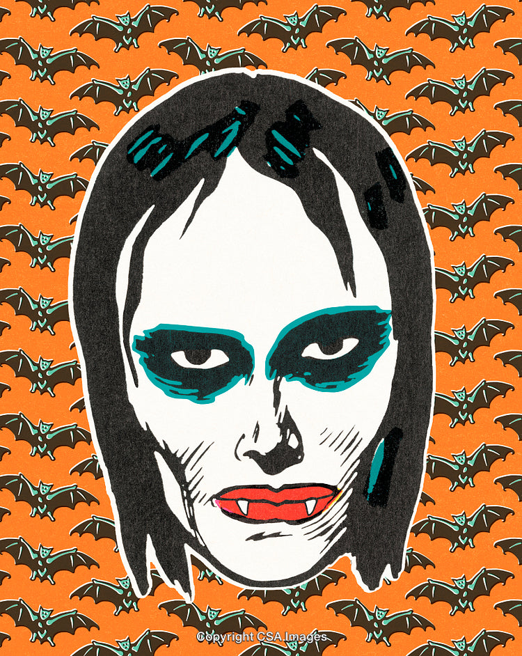 Illustrated Vampire Face with Bat Pattern for Halloween Spooky Design