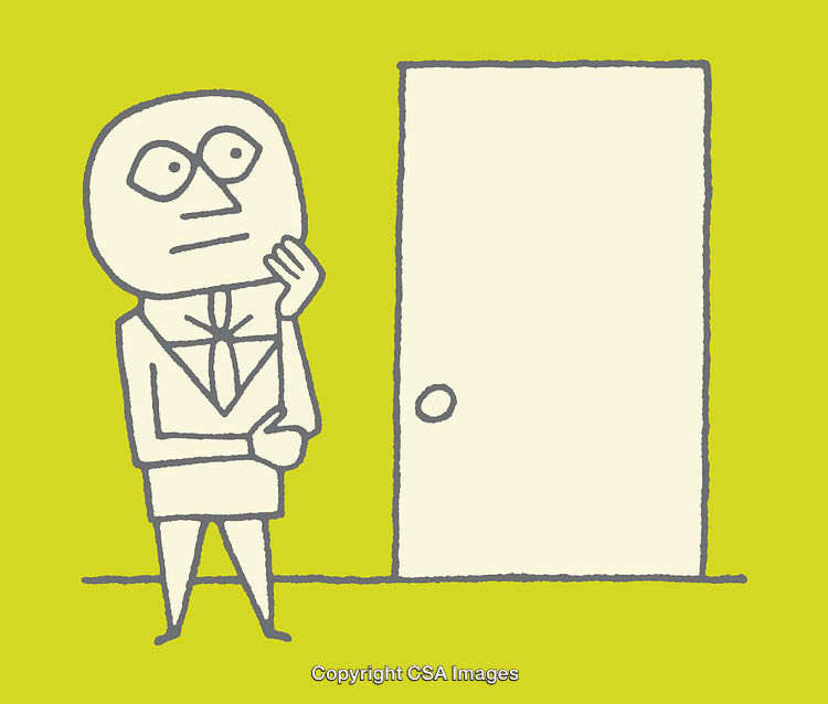 Cartoon Businessperson Standing Thoughtfully Near a Simple Closed Door