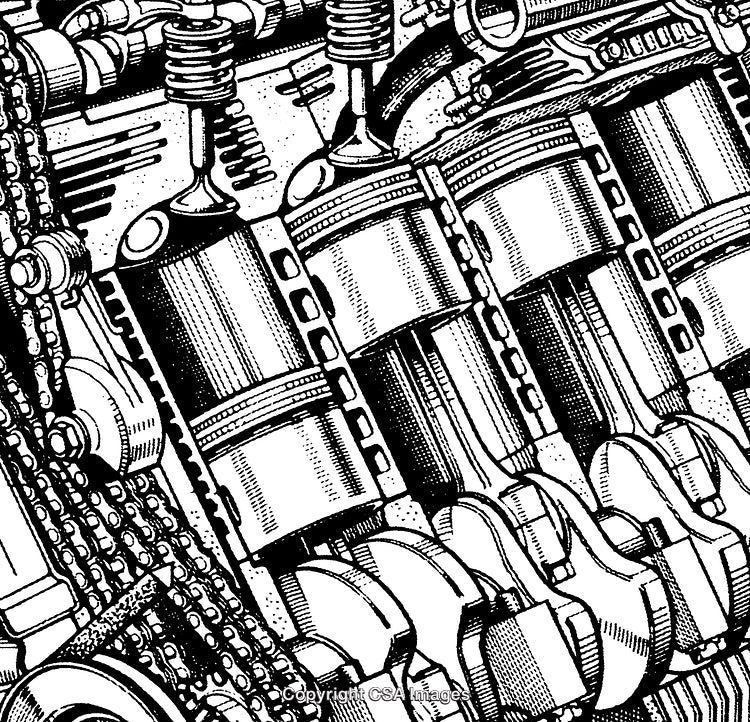 Detailed Black and White Illustration of Engine Components and Mechanisms