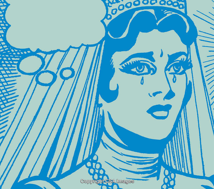 Vintage Blue Toned Pop Art Style with Emotional Tearful Female Illustration