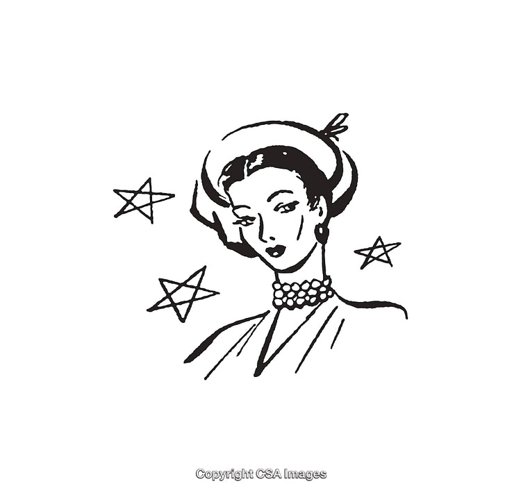 Vintage Line Art of Elegant Woman With Stars in Black and White