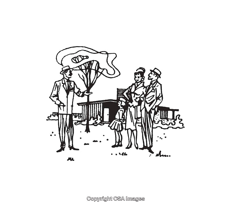 Line Art Illustration of Two Families Engaged in a Backyard Conversation