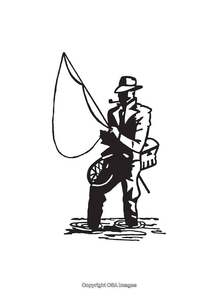 Black and White Line Drawing of a Fisherman with Fishing Gear