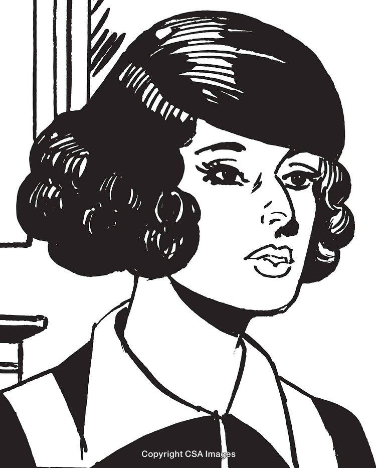 Vintage Comic Style Illustration of a Thoughtful Woman With Classic Hairstyle