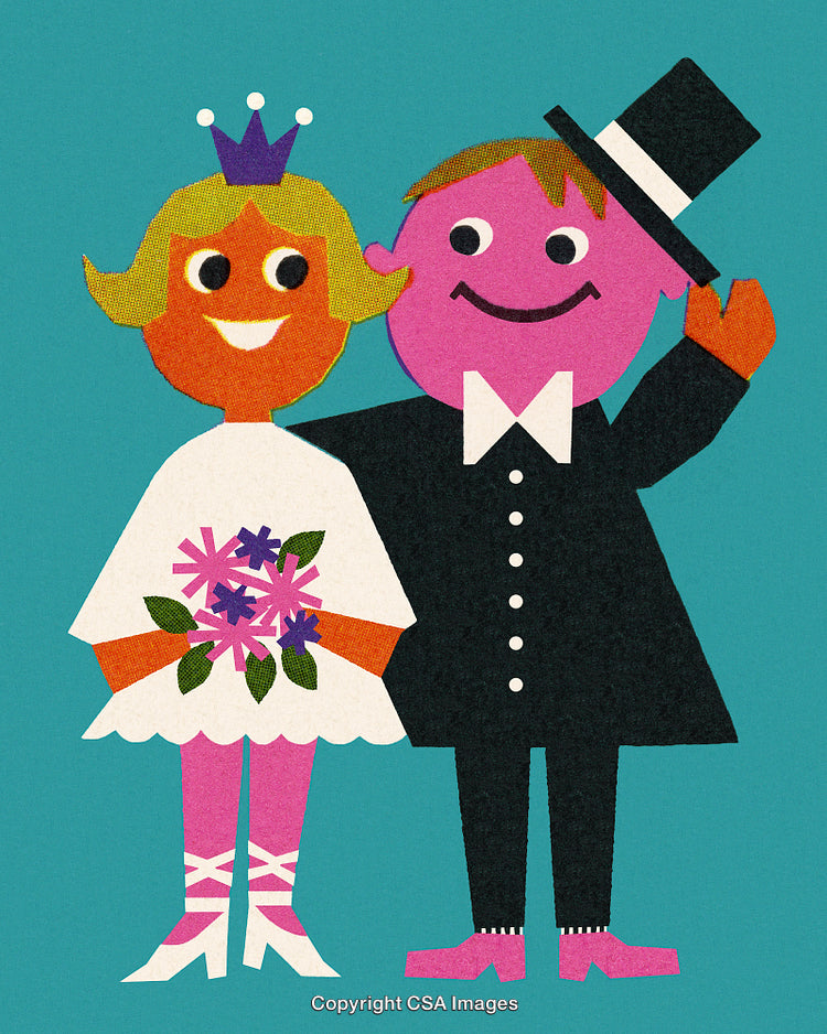 Playful Illustration of a Bride and Groom in Bright Attire