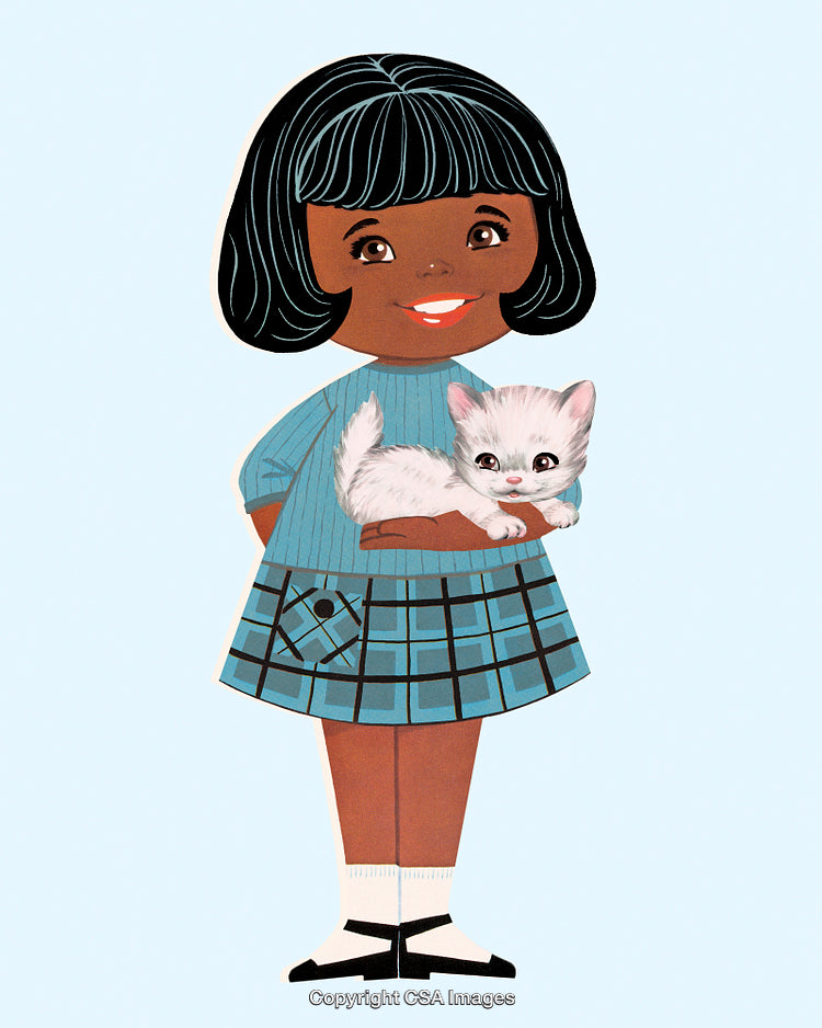 Smiling Girl Holding Cute White Kitten in a Blue Plaid Dress