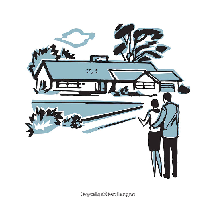 Illustration of Couple Viewing a New Home in Suburban Setting