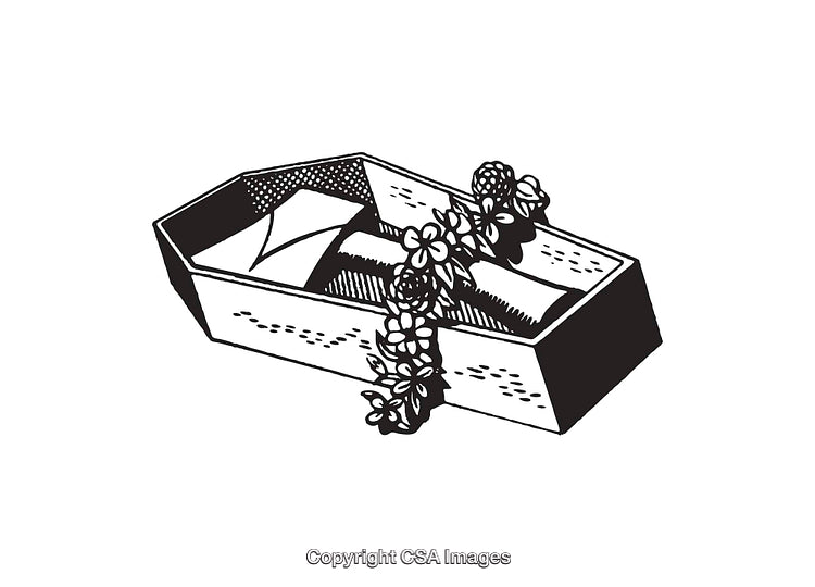 Black and White Line Art of a Coffin with Floral Decoration