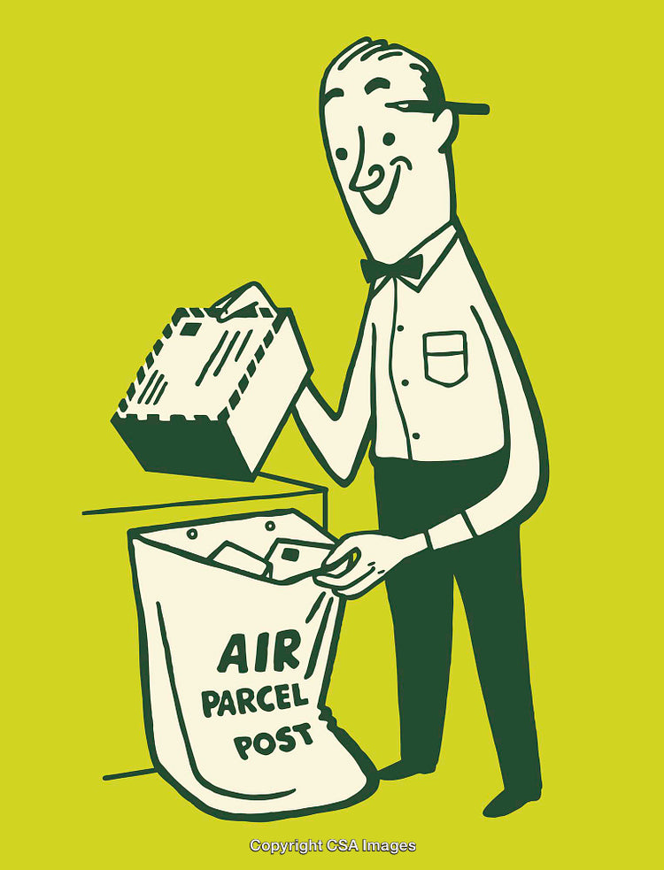 Vintage Style Illustration of a Person Sorting Air Mail Parcels