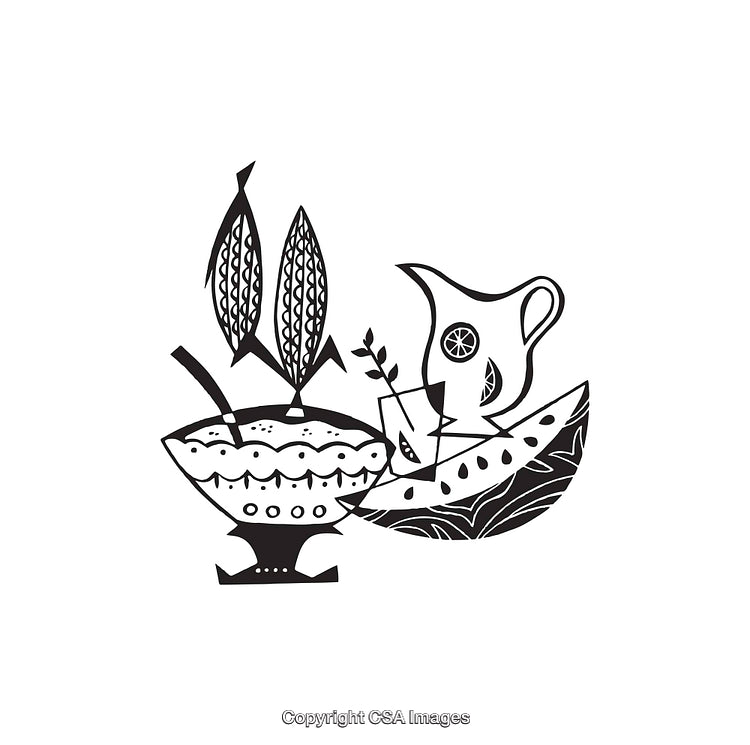 Black and White Line Art of Decorative Food Items
