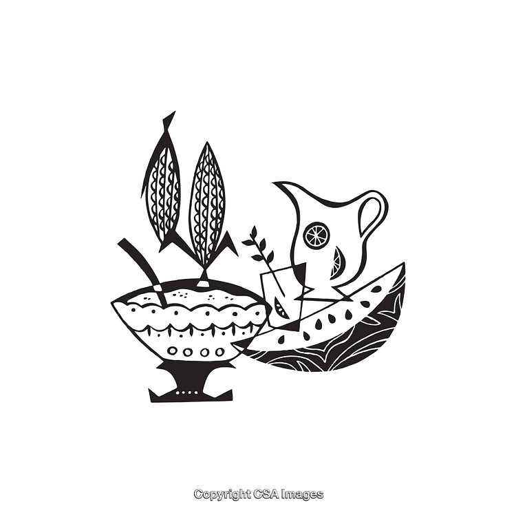 Black and White Line Art of Decorative Food Items