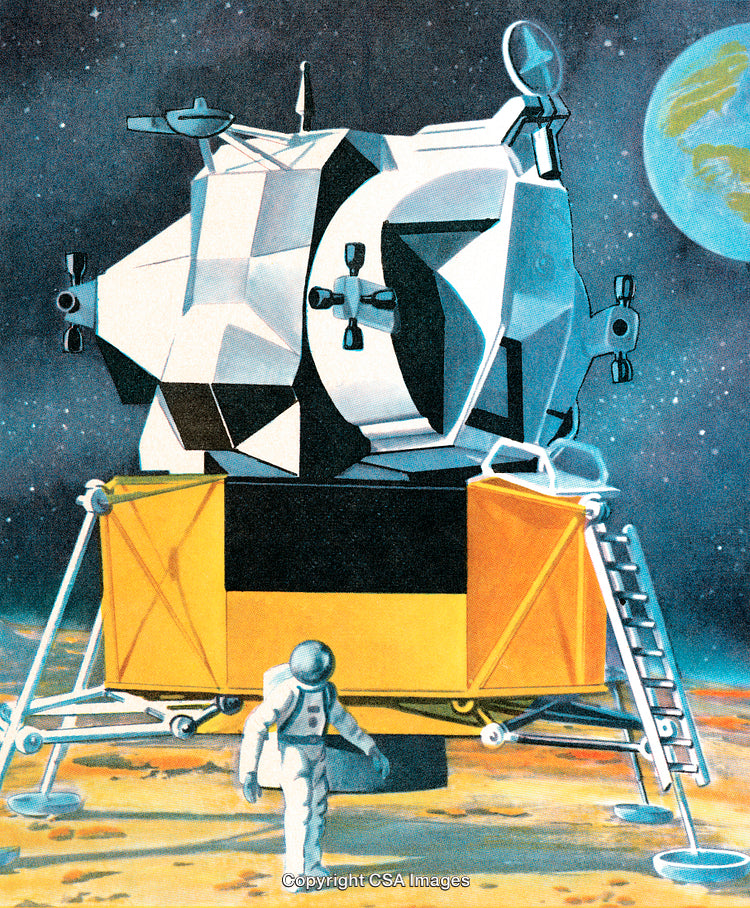 Astronaut Exploring Lunar Surface Beside Spacecraft Under Earth in Moon's Sky