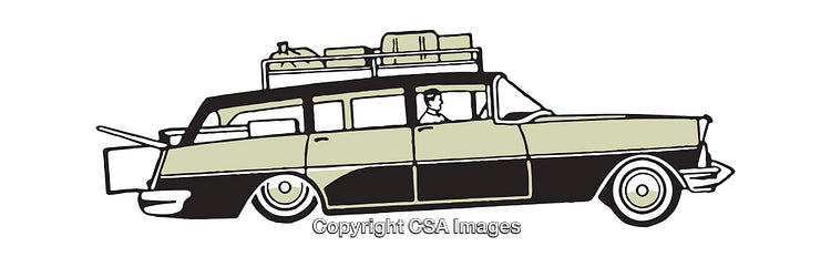 Vintage Station Wagon Illustration with Luggage on Roof