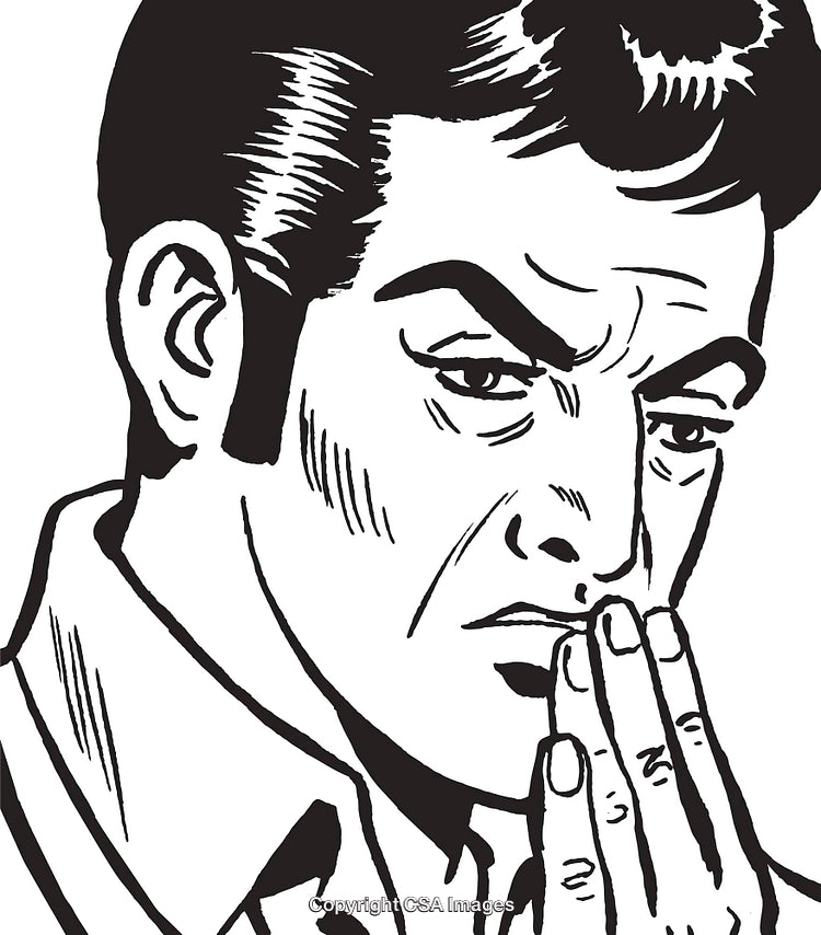 Black and White Illustration of a Pensive Man Deep in Thought