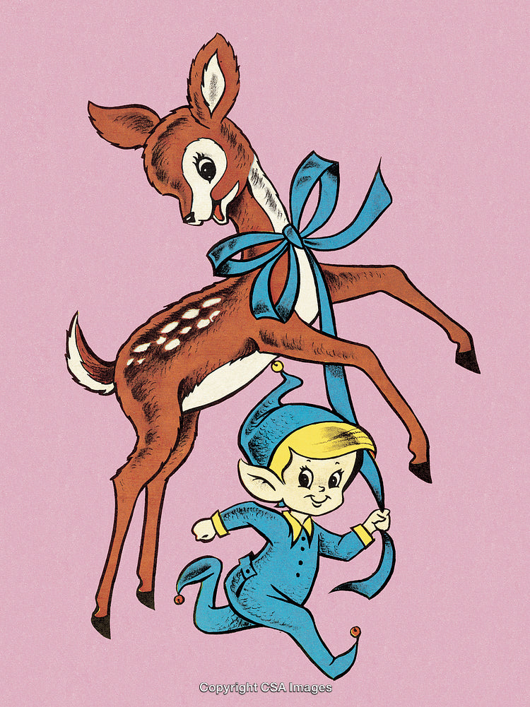 Whimsical Elf with a Playfully Decorated Deer on a Pastel Background