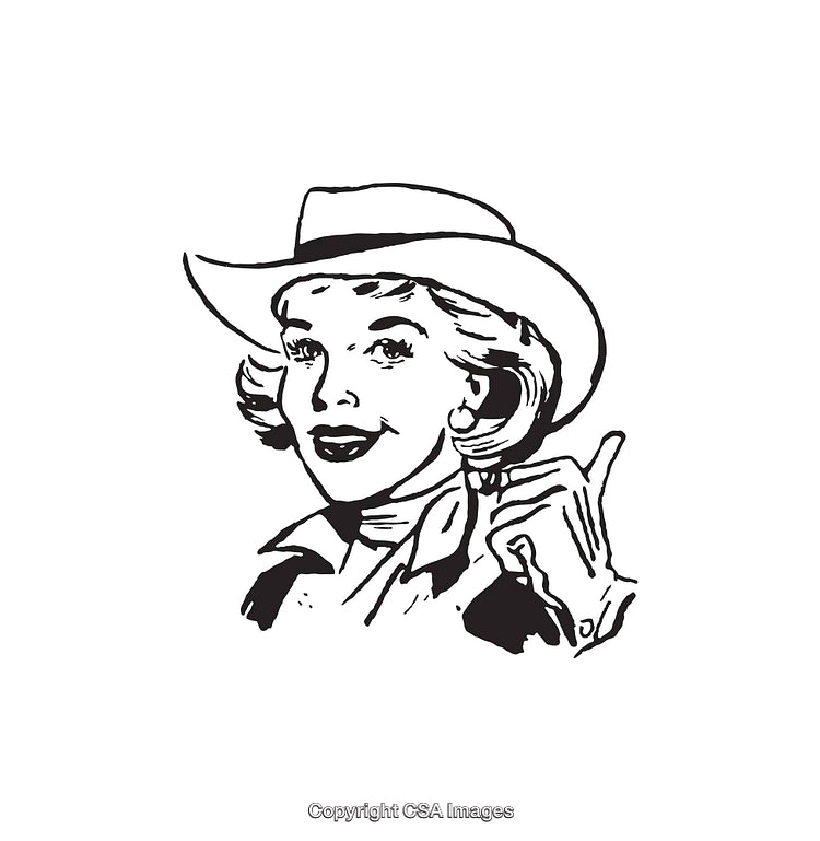 Black and White Line Art Illustration of a Woman Wearing a Cowboy Hat