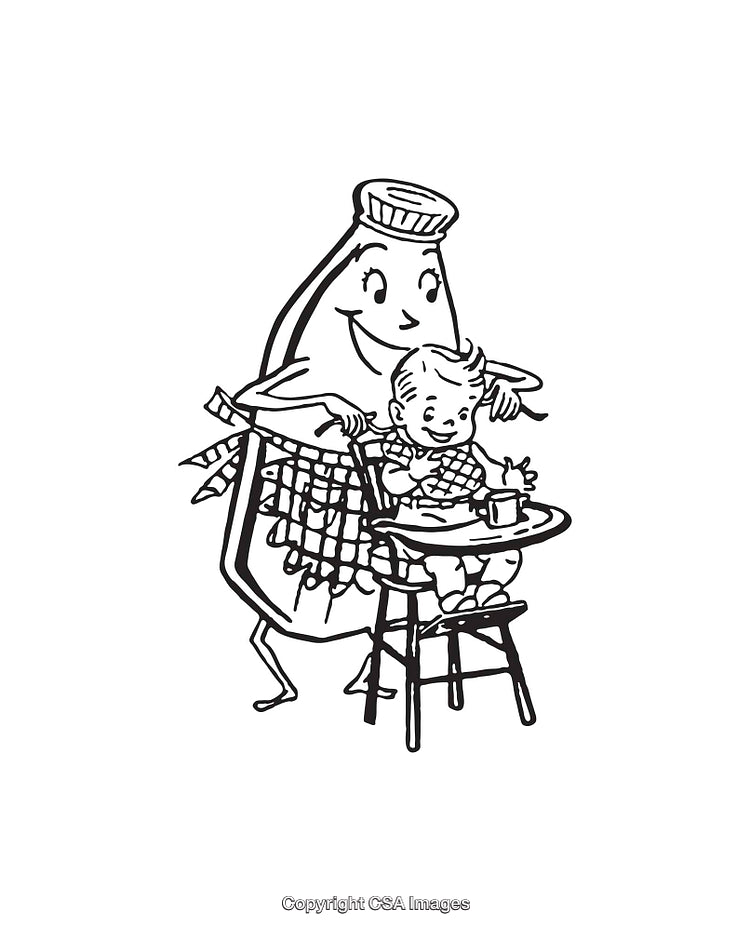 Vintage Line Art of a Milk Bottle Caring for a Baby in High Chair
