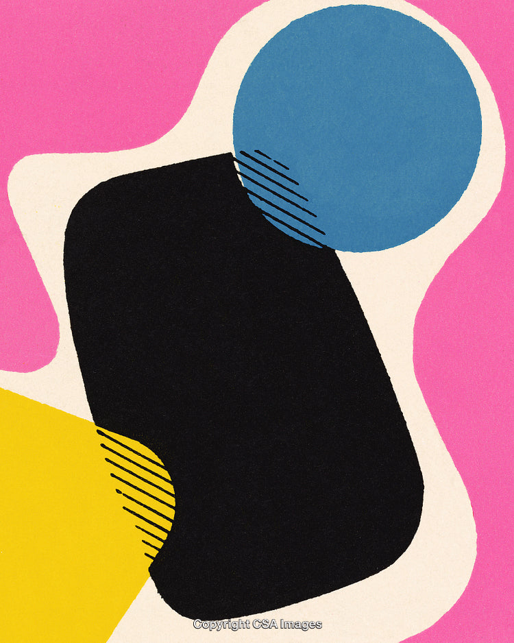 Abstract Geometric Composition in Bold Pink, Blue, Black, and Yellow Tones