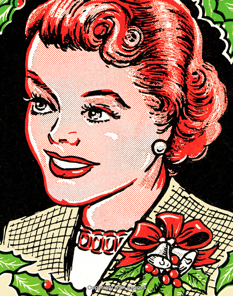 Retro Holiday Illustration of Smiling Woman with Seasonal Decorations and Holly