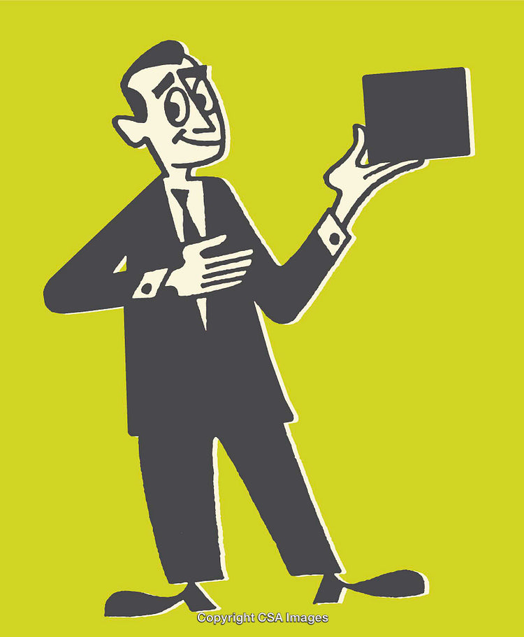 Stylish Retro Cartoon of a Business Man Holding a Box on Green Background